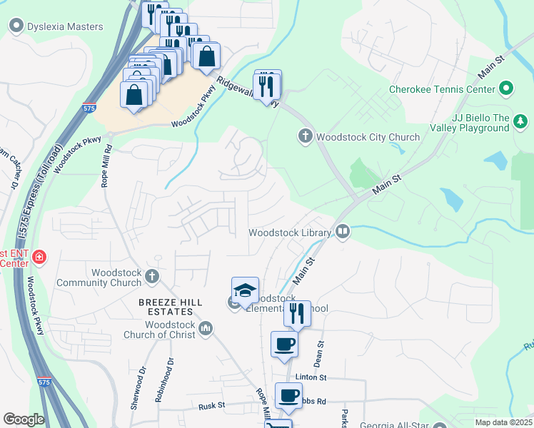 map of restaurants, bars, coffee shops, grocery stores, and more near 310 Tuggle Court in Woodstock