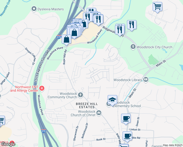 map of restaurants, bars, coffee shops, grocery stores, and more near 1122 Cotton Gin Drive in Woodstock