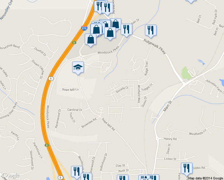 map of restaurants, bars, coffee shops, grocery stores, and more near 1122 Cotton Gin Drive in Woodstock
