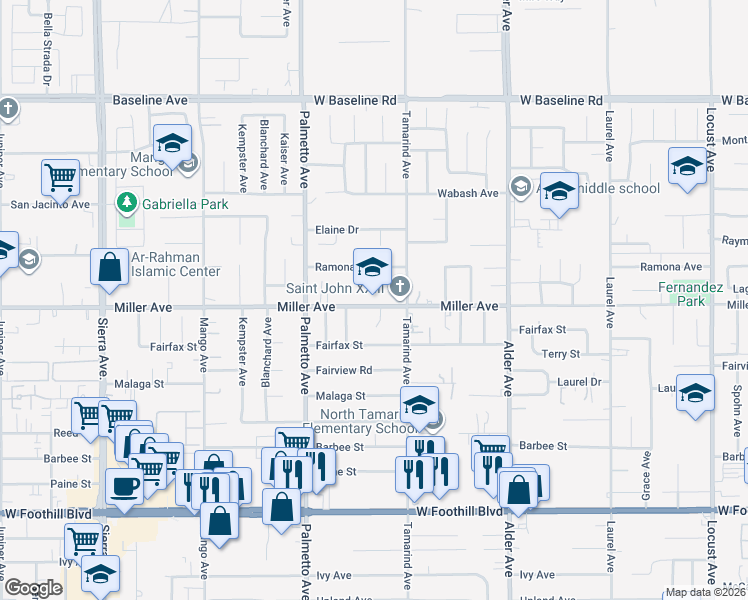 map of restaurants, bars, coffee shops, grocery stores, and more near 17434 Miller Avenue in Fontana