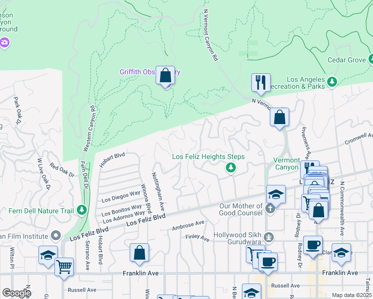 map of restaurants, bars, coffee shops, grocery stores, and more near 2437 North Edgemont Street in Los Angeles