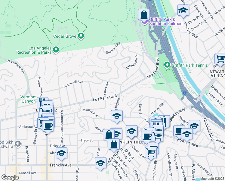 map of restaurants, bars, coffee shops, grocery stores, and more near 3365 Ley Drive in Los Angeles