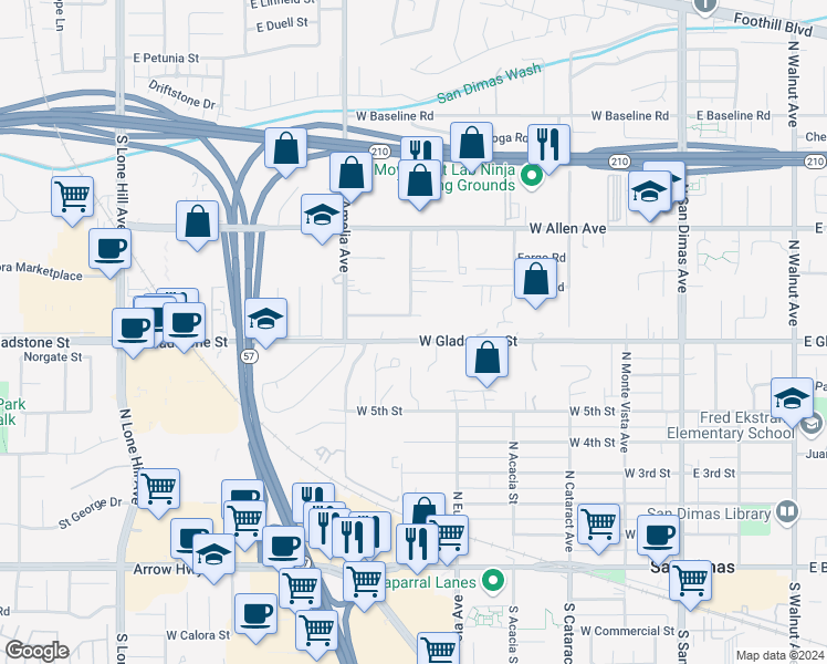 map of restaurants, bars, coffee shops, grocery stores, and more near 539 West Gladstone Street in San Dimas