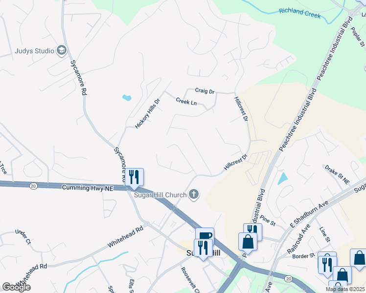 map of restaurants, bars, coffee shops, grocery stores, and more near 5215 Hillcrest Glenn Drive in Buford