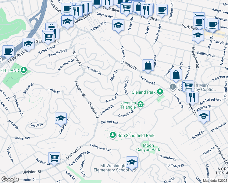 map of restaurants, bars, coffee shops, grocery stores, and more near 1038 Oban Drive in Los Angeles