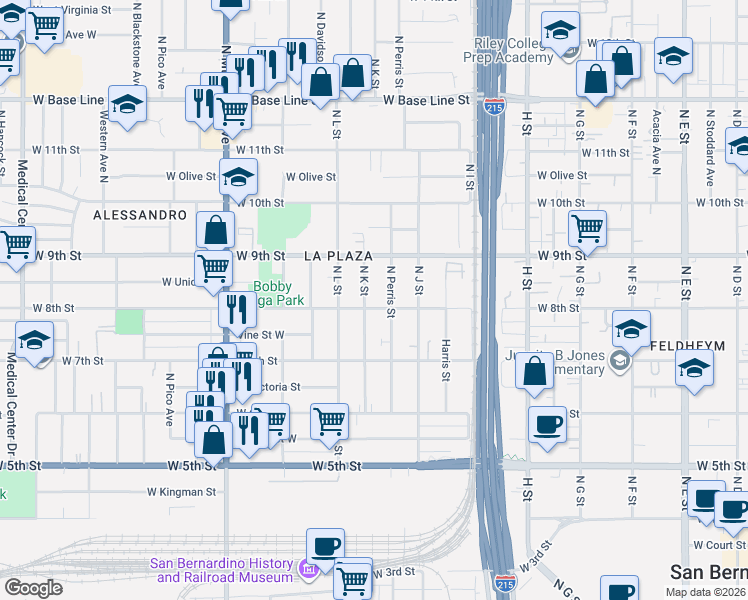 map of restaurants, bars, coffee shops, grocery stores, and more near 831 North K Street in San Bernardino