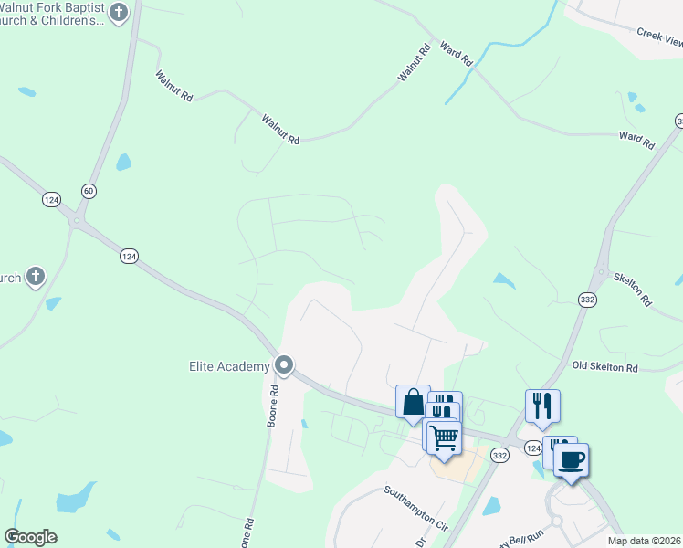 map of restaurants, bars, coffee shops, grocery stores, and more near 227 Pond Court in Hoschton