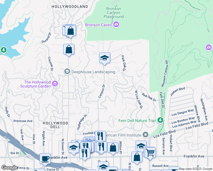 map of restaurants, bars, coffee shops, grocery stores, and more near 5818 Tuxedo Terrace in Los Angeles