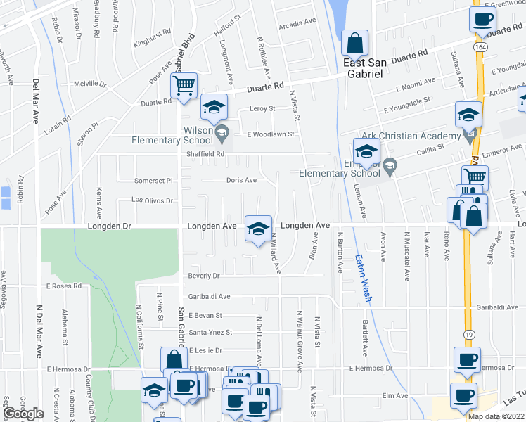 map of restaurants, bars, coffee shops, grocery stores, and more near 6322 North Del Loma Avenue in San Gabriel