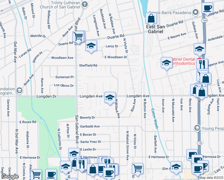 map of restaurants, bars, coffee shops, grocery stores, and more near 6322 North Del Loma Avenue in San Gabriel