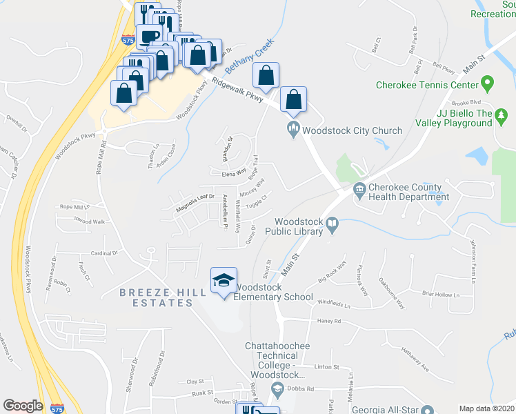 map of restaurants, bars, coffee shops, grocery stores, and more near 312 Tuggle Court in Woodstock