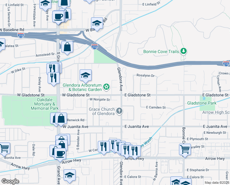 map of restaurants, bars, coffee shops, grocery stores, and more near 1343 South Glendora Avenue in Glendora