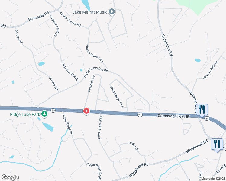 map of restaurants, bars, coffee shops, grocery stores, and more near 5465 Windswept Trace in Sugar Hill