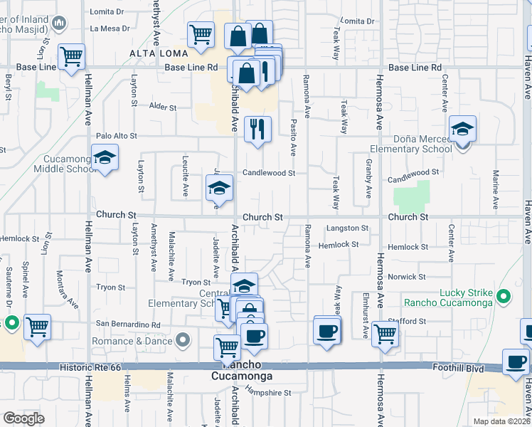 map of restaurants, bars, coffee shops, grocery stores, and more near 9776 Church Street in Rancho Cucamonga