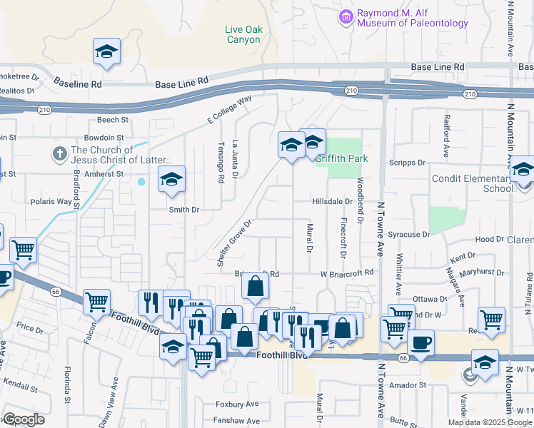 map of restaurants, bars, coffee shops, grocery stores, and more near 315 Teasdale Drive in Claremont