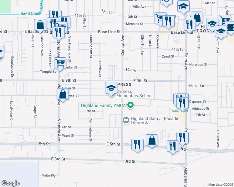 map of restaurants, bars, coffee shops, grocery stores, and more near 26868 Cypress Street in Highland