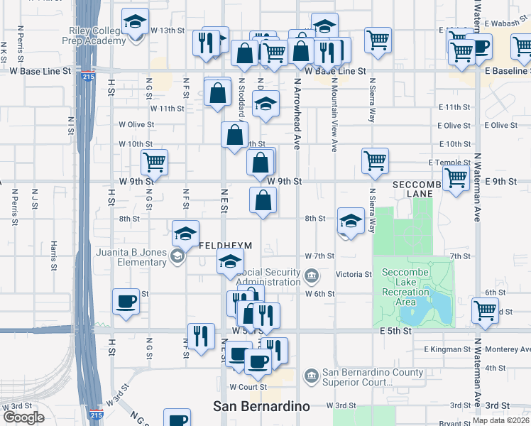 map of restaurants, bars, coffee shops, grocery stores, and more near 828 North Mayfield Avenue in San Bernardino