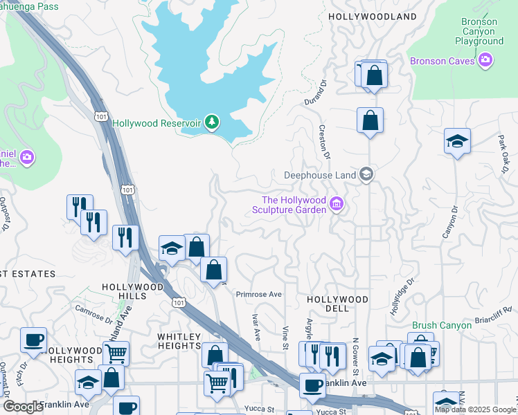 map of restaurants, bars, coffee shops, grocery stores, and more near 6389 La Punta Drive in Los Angeles