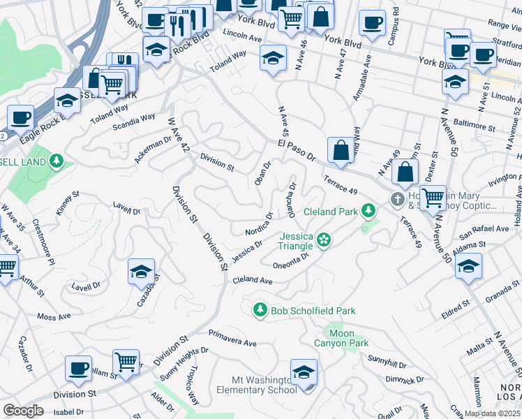 map of restaurants, bars, coffee shops, grocery stores, and more near 1038 Oban Drive in Los Angeles