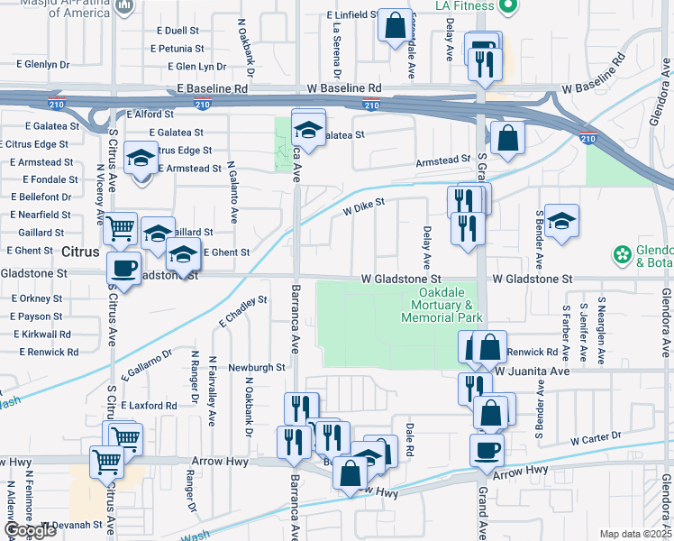 map of restaurants, bars, coffee shops, grocery stores, and more near 1343 South Prospero Drive in Glendora