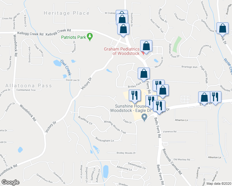 map of restaurants, bars, coffee shops, grocery stores, and more near 205 Eagle View Trace in Woodstock