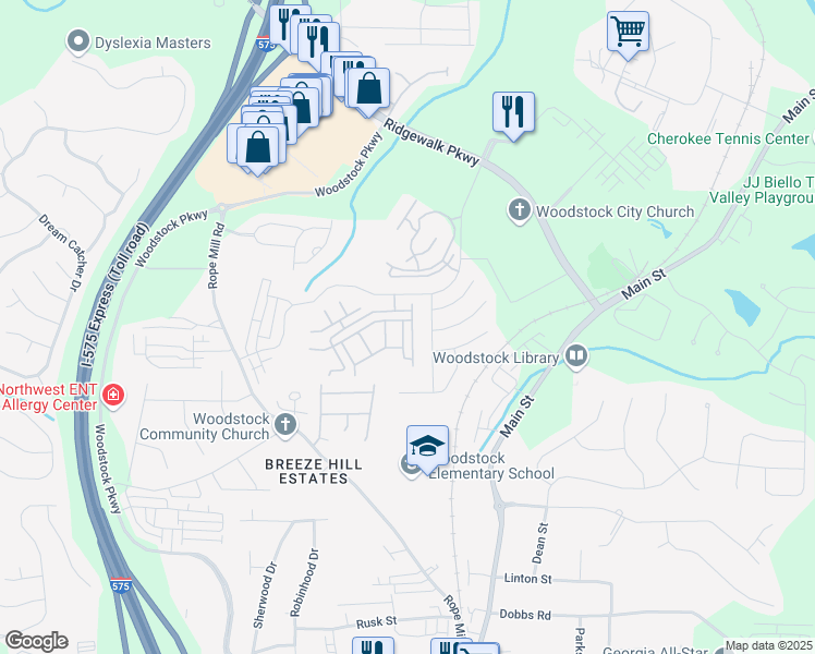 map of restaurants, bars, coffee shops, grocery stores, and more near 324 Antebellum Place in Woodstock