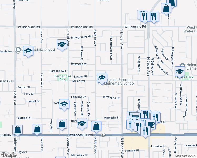 map of restaurants, bars, coffee shops, grocery stores, and more near 1687 West Wedgewood Street in Rialto