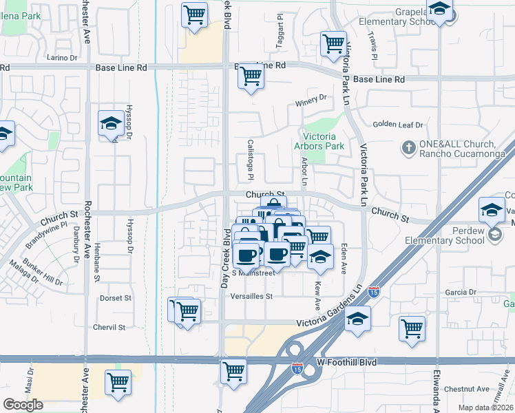 map of restaurants, bars, coffee shops, grocery stores, and more near 12377 Hollyhock Drive in Rancho Cucamonga
