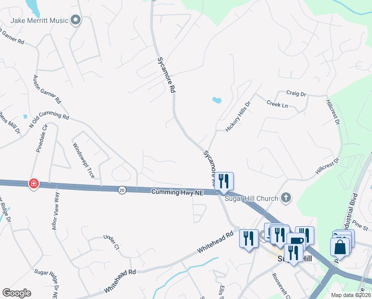 map of restaurants, bars, coffee shops, grocery stores, and more near 5330 Sycamore Road in Sugar Hill