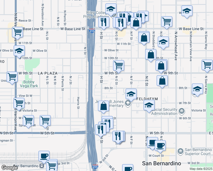map of restaurants, bars, coffee shops, grocery stores, and more near 772 West 8th Street in San Bernardino