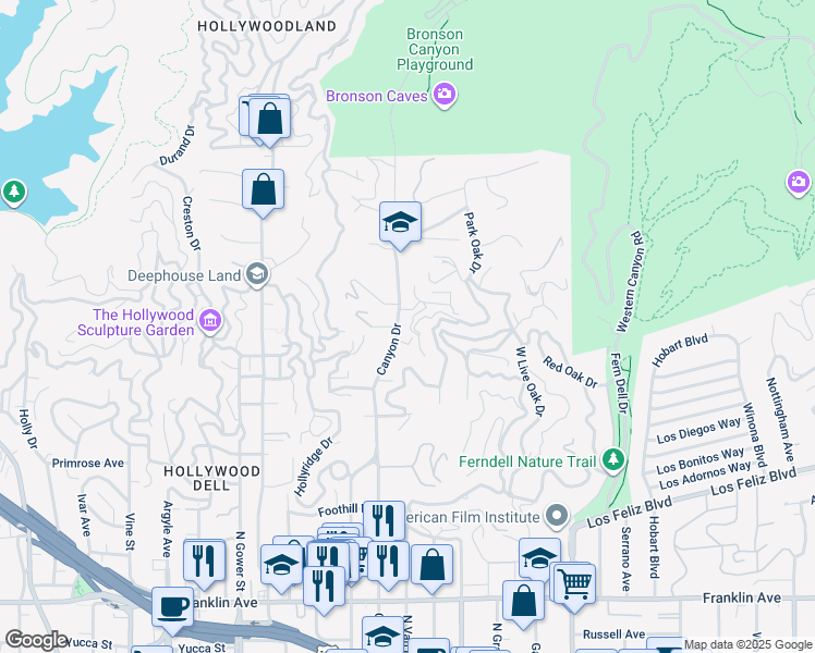 map of restaurants, bars, coffee shops, grocery stores, and more near 5818 Tuxedo Terrace in Los Angeles