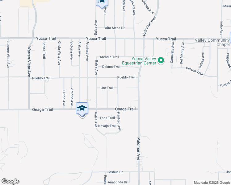 map of restaurants, bars, coffee shops, grocery stores, and more near 7592 Hanford Avenue in Yucca Valley