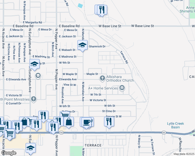 map of restaurants, bars, coffee shops, grocery stores, and more near 2568 Etiwanda Avenue in San Bernardino