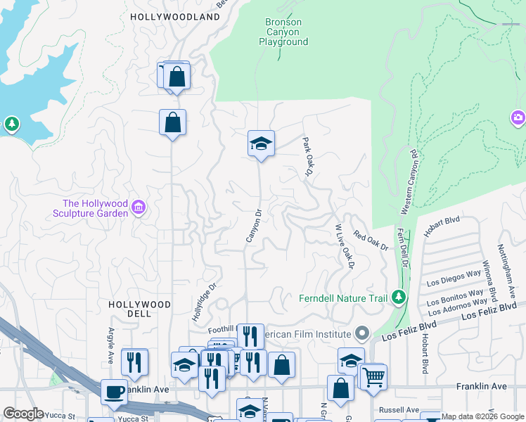 map of restaurants, bars, coffee shops, grocery stores, and more near 5787 Tuxedo Terrace in Los Angeles