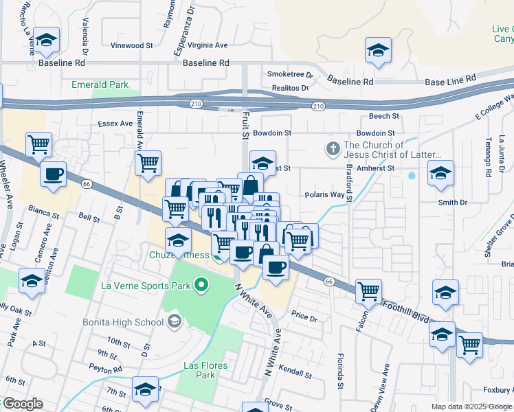 map of restaurants, bars, coffee shops, grocery stores, and more near 3788 Verdana Circle in La Verne