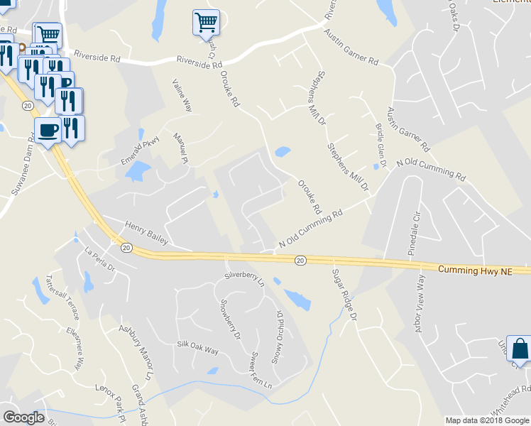 map of restaurants, bars, coffee shops, grocery stores, and more near 679 Avonley Creek Trace in Sugar Hill