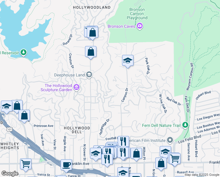 map of restaurants, bars, coffee shops, grocery stores, and more near 2634 Hollyridge Drive in Los Angeles