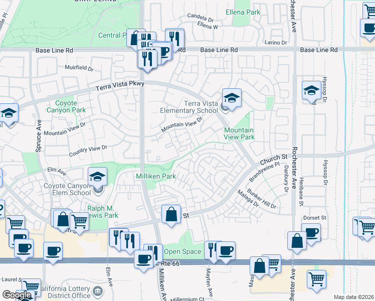 map of restaurants, bars, coffee shops, grocery stores, and more near 11433 Mountain View Drive in Rancho Cucamonga