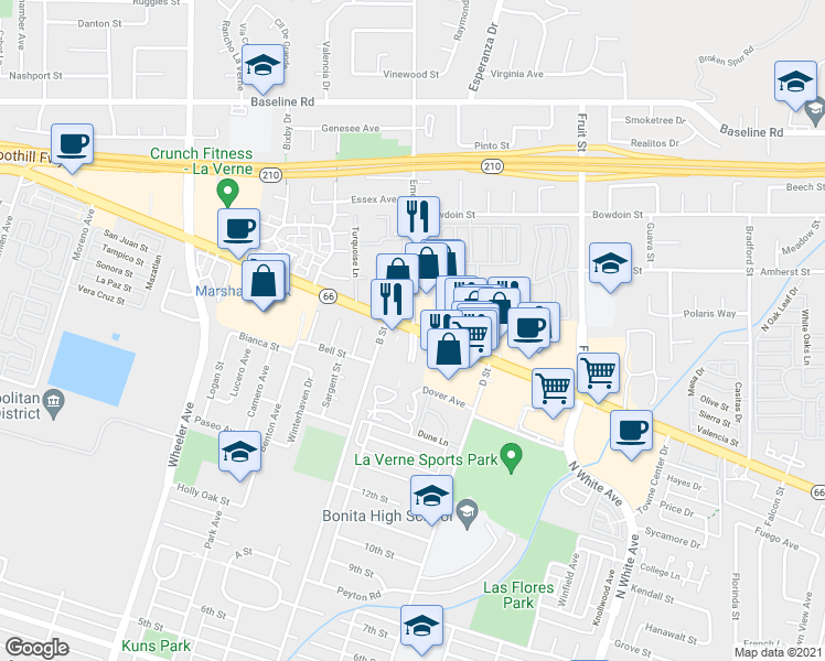 map of restaurants, bars, coffee shops, grocery stores, and more near 2012 Foothill Boulevard in La Verne