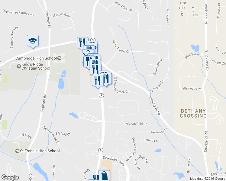 map of restaurants, bars, coffee shops, grocery stores, and more near 1095 South Bethany Creek Drive in Alpharetta