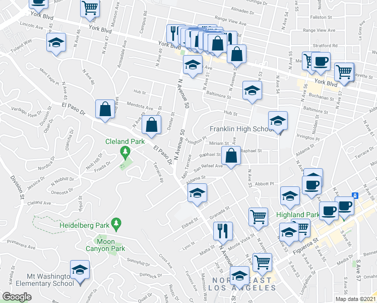 map of restaurants, bars, coffee shops, grocery stores, and more near 719 Milo Terrace in Los Angeles