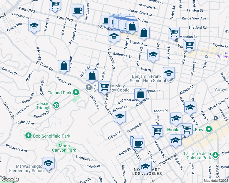 map of restaurants, bars, coffee shops, grocery stores, and more near 719 Milo Terrace in Los Angeles
