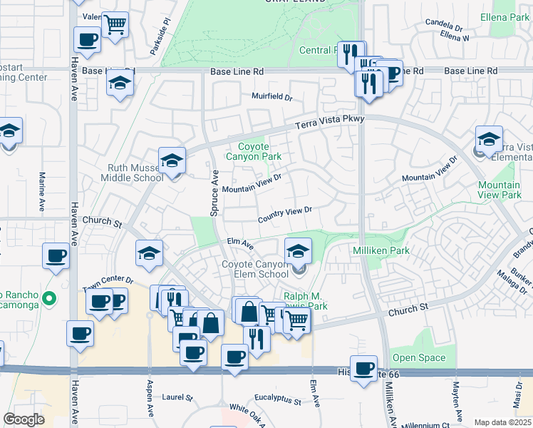 map of restaurants, bars, coffee shops, grocery stores, and more near 11054 Country View Drive in Rancho Cucamonga
