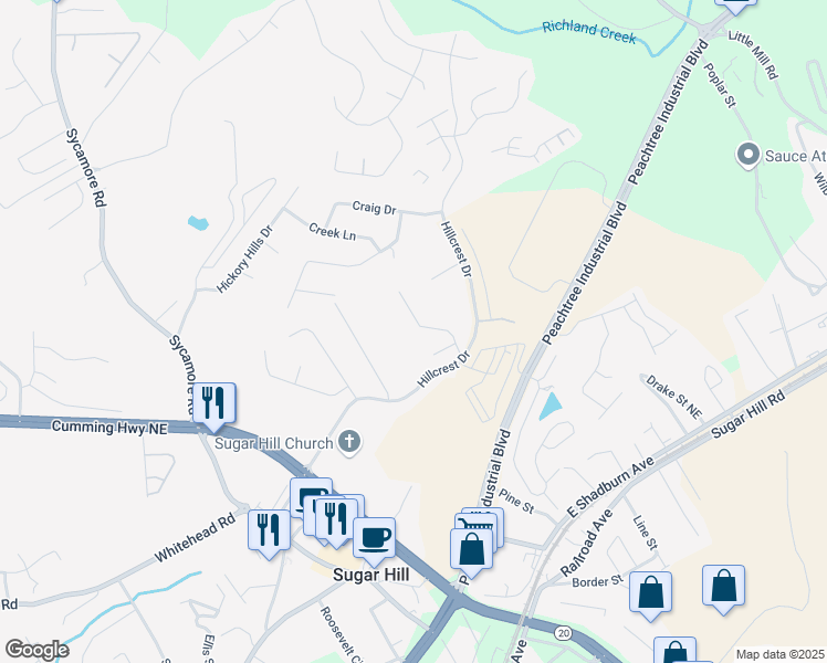 map of restaurants, bars, coffee shops, grocery stores, and more near 5190 Gable Ridge Way in Sugar Hill
