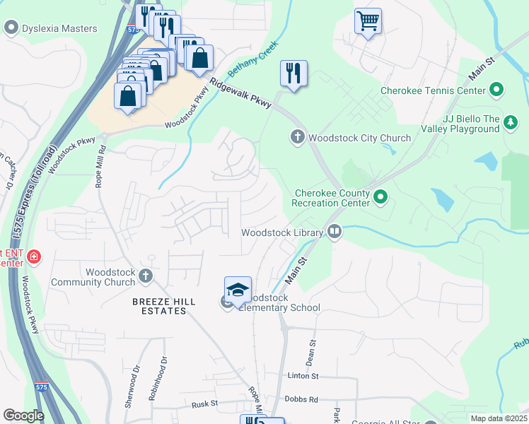 map of restaurants, bars, coffee shops, grocery stores, and more near 314 Tuggle Court in Woodstock