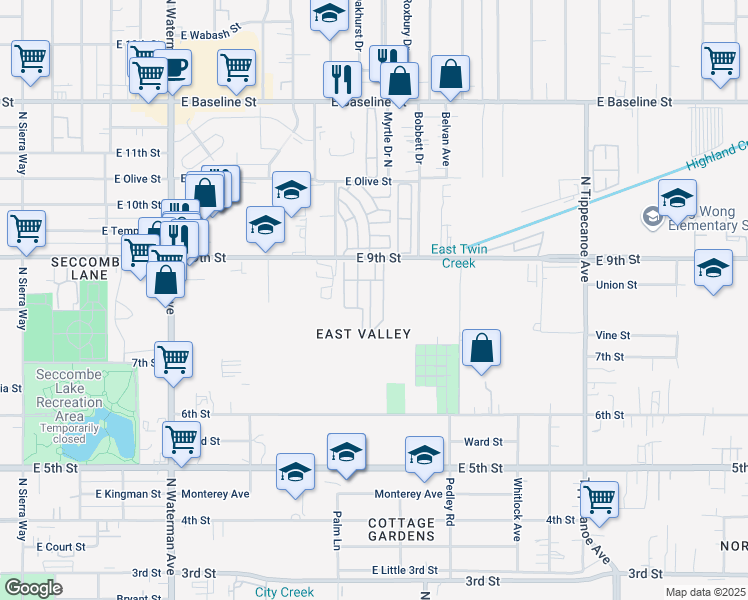 map of restaurants, bars, coffee shops, grocery stores, and more near 763 9th Street in San Bernardino