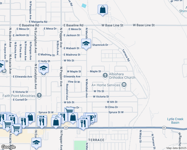 map of restaurants, bars, coffee shops, grocery stores, and more near 2679 Maple Street in San Bernardino