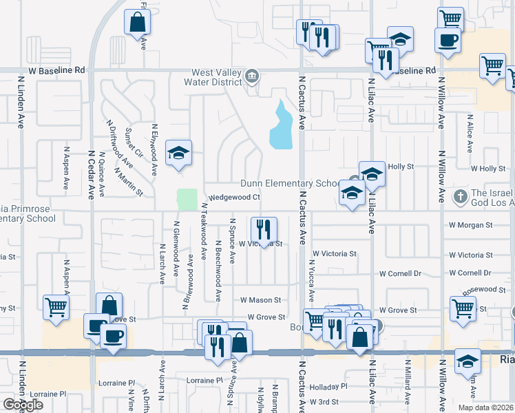 map of restaurants, bars, coffee shops, grocery stores, and more near 835 Wedgewood Court in Rialto