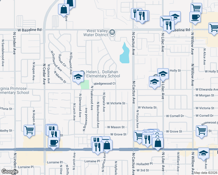 map of restaurants, bars, coffee shops, grocery stores, and more near 835 Wedgewood Court in Rialto