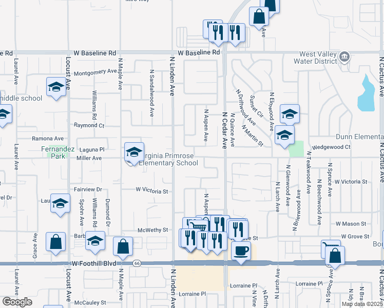 map of restaurants, bars, coffee shops, grocery stores, and more near 1413 West Wedgewood Street in Rialto